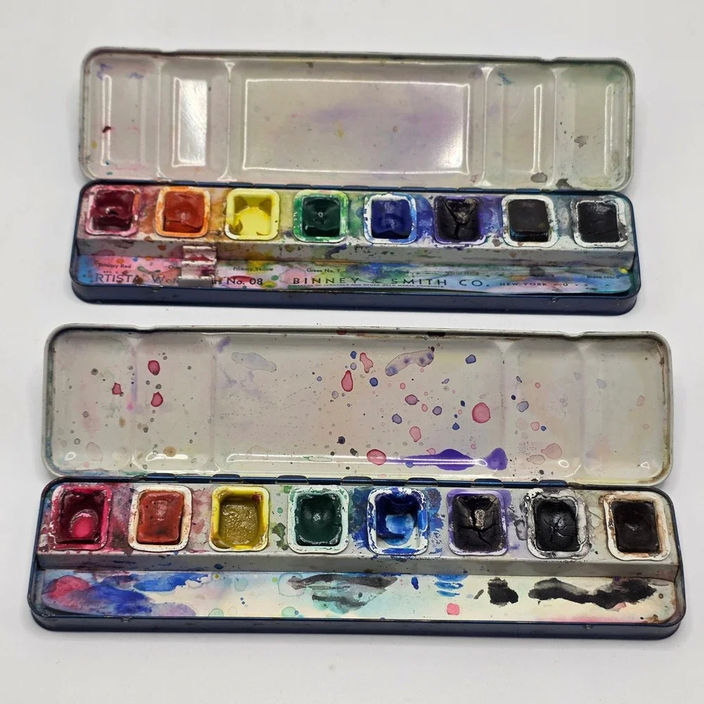 Watercolor Paint Tins Vintage Binney & Smith Artista Blue Metal Set of 2 Art - Picture 4 of 8